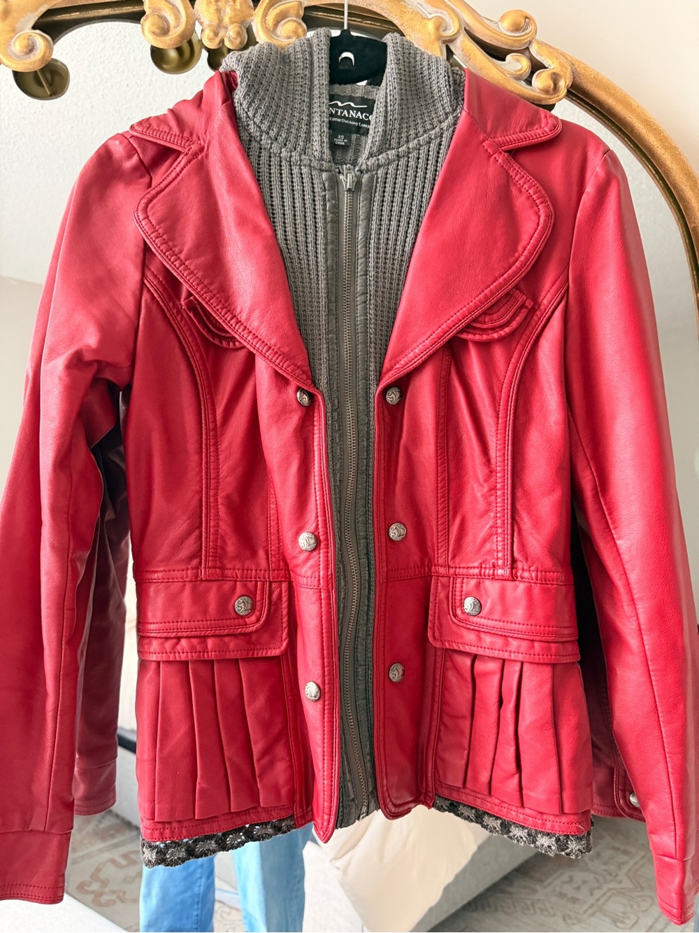 Deep Red Faux Leather Jacket with Knit Zip closure - Picture 1 of 6